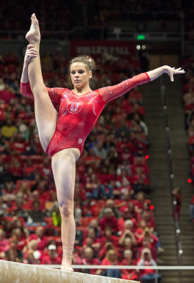 Rick Egan  |  The Salt Lake Tribune

Missy Reinstadtler competes on the beam for the Utes, in gymnastics action, Utah vs UCLA, at the Huntsman Center, Saturday, February 18, 2017.