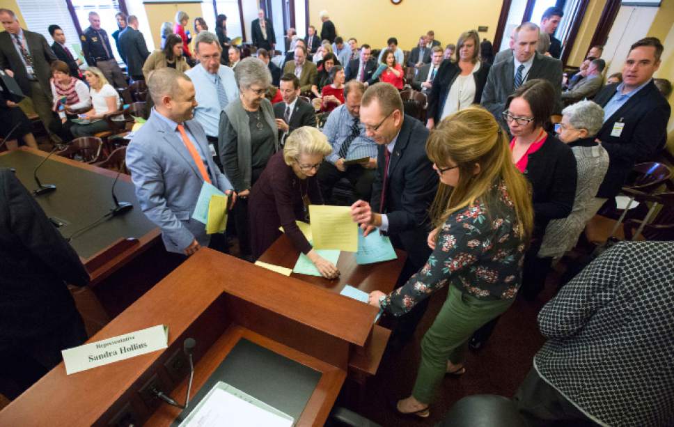 Steve Griffin  |  The Salt Lake Tribune
The public attending the Executive Appropriations Committee line up to get printed material outlining the meetings agenda at the State Capitol in Salt Lake City Friday March 3, 2017.
