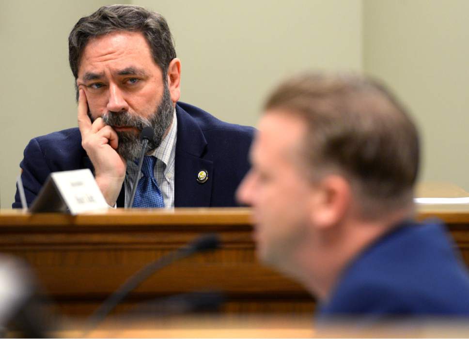 Steve Griffin  |  The Salt Lake Tribune


House Minority Leader Brian King, D-Salt Lake City, left, listens to Sen. Todd Weiler, R-Woods Cross, as Weiler explains SB0185S during the House Judiciary Standing Committee meeting at the State Captiol in Salt Lake City Friday March 3, 2017. SB0185S deals with cause of action for minors injured by pornography.