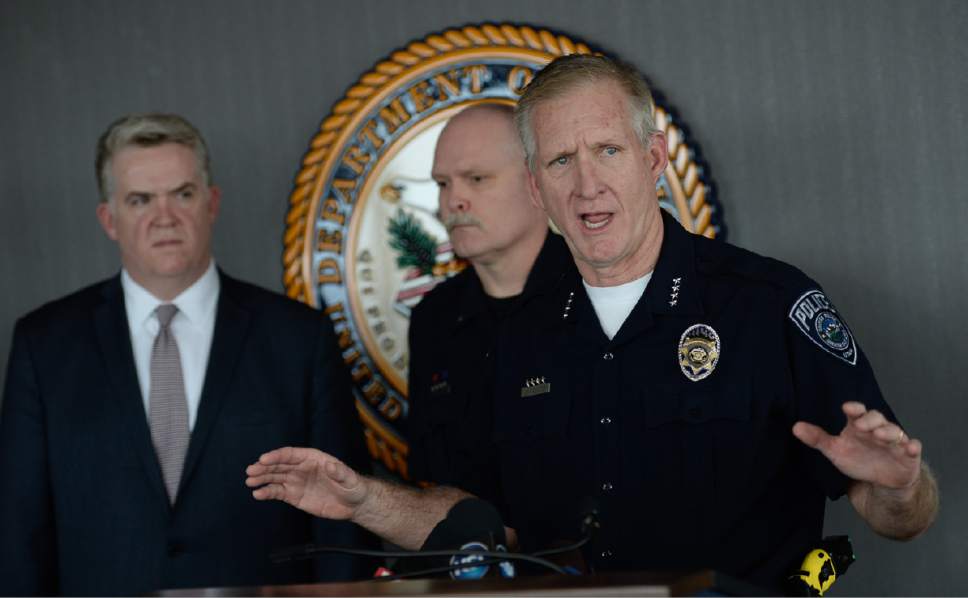 Francisco Kjolseth | The Salt Lake Tribune
U.S. Attorney for Utah John Huber, Director of the Salt Lake area Gang Project, Lieutenant Mike Schoenfeld and Sheriff Jim Winder, from left, holds a press conference in Salt Lake on Friday, March 3, 2017, to announce a gang initiative to tackle an increase in gang activity in the state.
