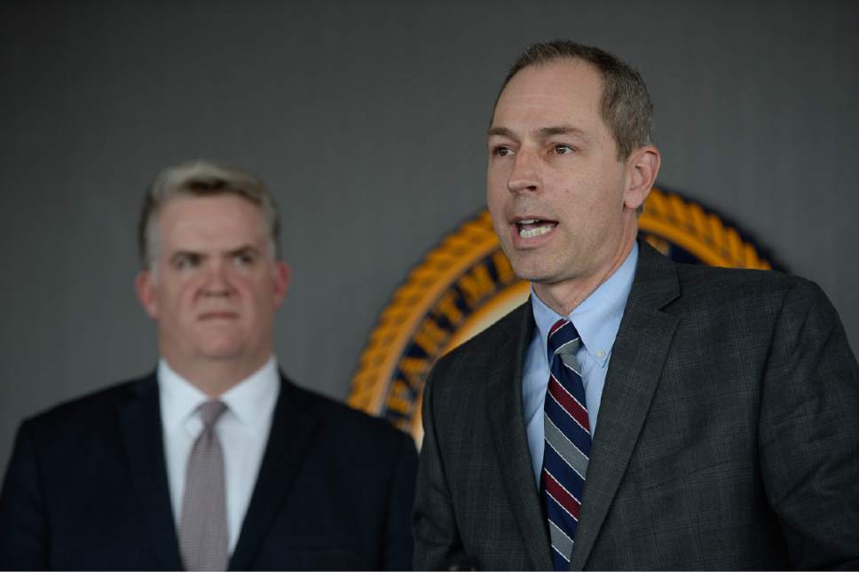 Francisco Kjolseth | The Salt Lake Tribune
U.S. Attorney for Utah John Huber, left, is joined by Weber County Attorney Chris Allred as they talk about a gang initiative to tackle an increase in gang crime during a  press conference in Salt Lake on Friday, March 3, 2017.