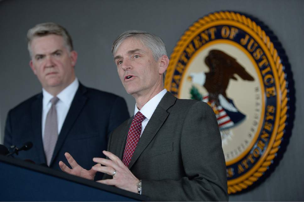 Francisco Kjolseth | The Salt Lake Tribune
FBI Special Agent in charge Paul Haertel, right, joins U.S. Attorney for Utah John Huber during a press conference in Salt Lake on Friday, March 3, 2017, to announce gang prosecutions would be a top priority. Agencies from Provo Police, Department of Public Safety, Sheriff department, ATF, FBI, Weber County and the attorney's office are collaborating in the gang initiative.