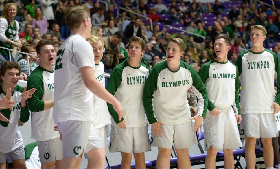 Leah Hogsten  |  The Salt Lake Tribune
Olympus's Spencer Jones (22) is congratulated for his play by the bench after he got into foul trouble and had to leave the game. Olympus High School defeated Corner Canyon High School 76-72 during their 4A State boys' basketball semifinal playoff game at Weber State University's Dee Events Center, Friday, March 3, 2017.