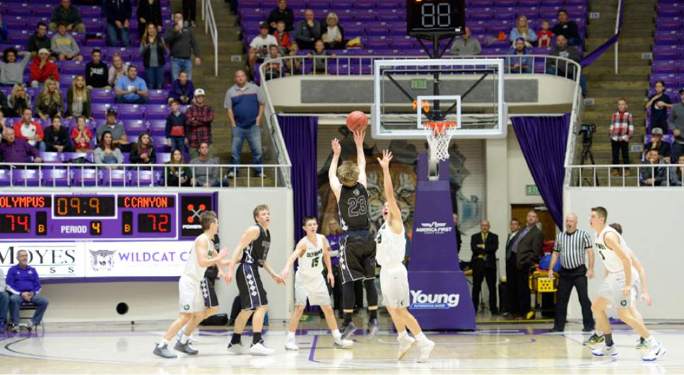 Leah Hogsten  |  The Salt Lake Tribune
Corner Canyon's Blake Emery (23) tries to hit the net in the remaining seconds of the game. Olympus High School defeated Corner Canyon High School 76-72 during their 4A State boys' basketball semifinal playoff game at Weber State University's Dee Events Center, Friday, March 3, 2017.