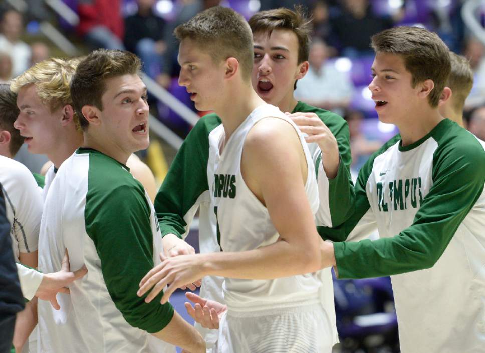Leah Hogsten  |  The Salt Lake Tribune
Olympus's Travis Wagstaff (1) is cheered by teammates during a timeout before heading to the free throw line in the remaining seconds of the game. Olympus High School defeated Corner Canyon High School 76-72 during their 4A State boys' basketball semifinal playoff game at Weber State University's Dee Events Center, Friday, March 3, 2017.