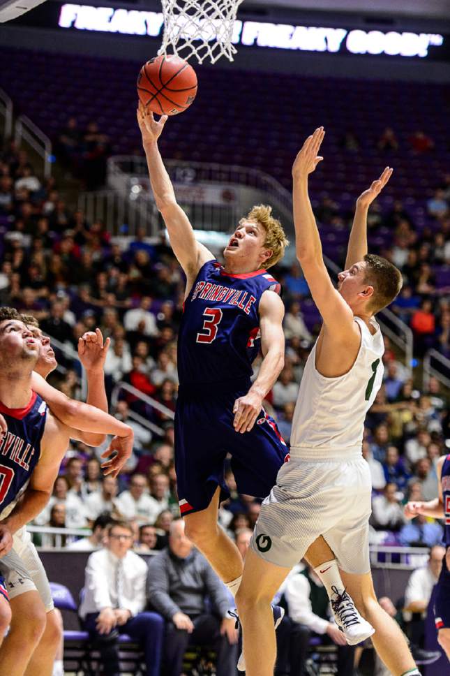 Trent Nelson  |  The Salt Lake Tribune
Springville's Joshua Elison (3) shoots as Springville faces Olympus in the 4A state high school basketball championship game, Saturday March 4, 2017.