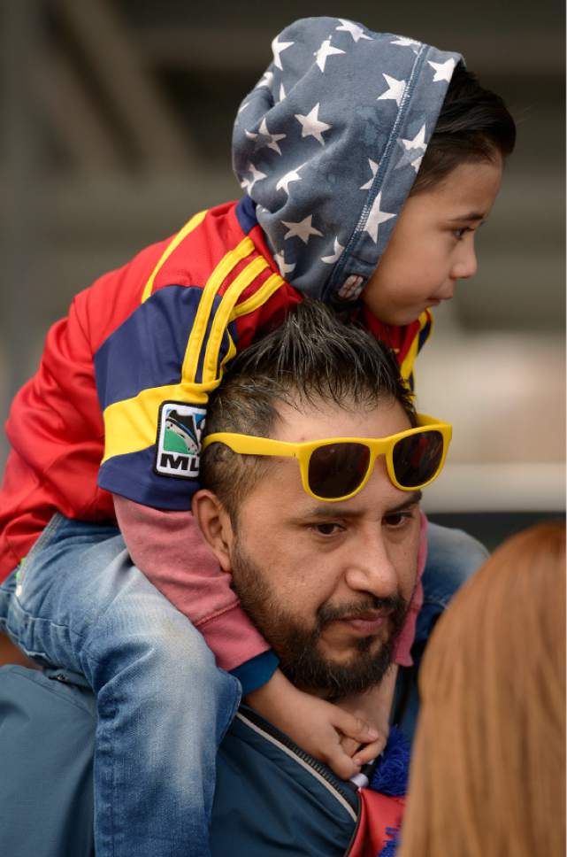 Leah Hogsten  |  The Salt Lake Tribune
Richardo Herrera and his son, Jussan Herrera, 5, were dressed for Saturday's blustery weather. Real Salt Lake kicked off the 2017 season Saturday, March 4, 2017 with a home opener against Toronto FC at Rio Tinto Stadium.