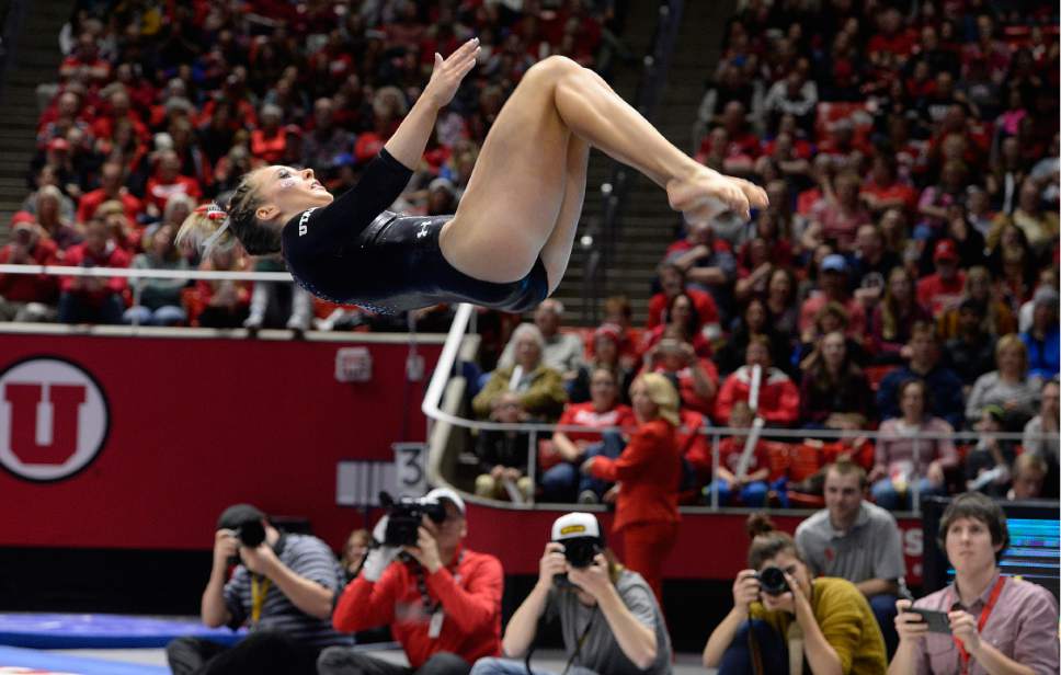 Scott Sommerdorf | The Salt Lake Tribune
Utah's MyKayla Skinner during her perfect floor routine scoring a 10.00. Utah outscored Stanford 197.500 to 196.275, Friday, March 3, 2017.