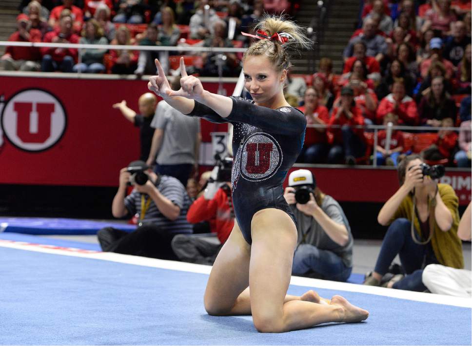 Scott Sommerdorf | The Salt Lake Tribune
Utah's MyKayla Skinner during her perfect floor routine scoring a 10.00. Utah outscored Stanford 197.500 to 196.275, Friday, March 3, 2017.