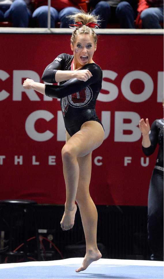 Scott Sommerdorf | The Salt Lake Tribune
Utah's MyKayla Skinner during her perfect floor routine scoring a 10.00. Utah outscored Stanford 197.500 to 196.275, Friday, March 3, 2017.