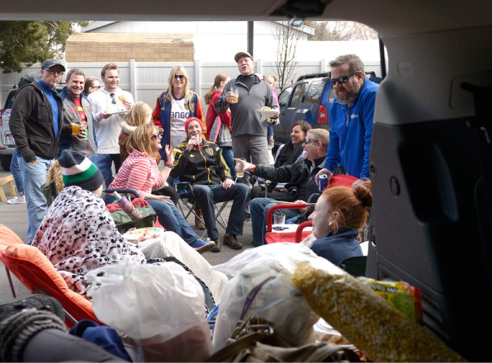 Leah Hogsten  |  The Salt Lake Tribune
The Baird, Kells, Crowder, hers and Myrdal families share laugh while tailgating prior to the game. Real Salt Lake kicked off the 2017 season Saturday, March 4, 2017 with a home opener against Toronto FC at Rio Tinto Stadium.