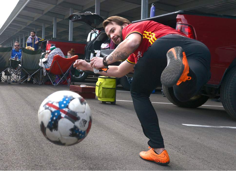 Leah Hogsten  |  The Salt Lake Tribune
Former Utah Valley University team soccer player Derek Johnson practices his fancy footwork prior to the game.  Real Salt Lake kicked off the 2017 season Saturday, March 4, 2017 with a home opener against Toronto FC at Rio Tinto Stadium.