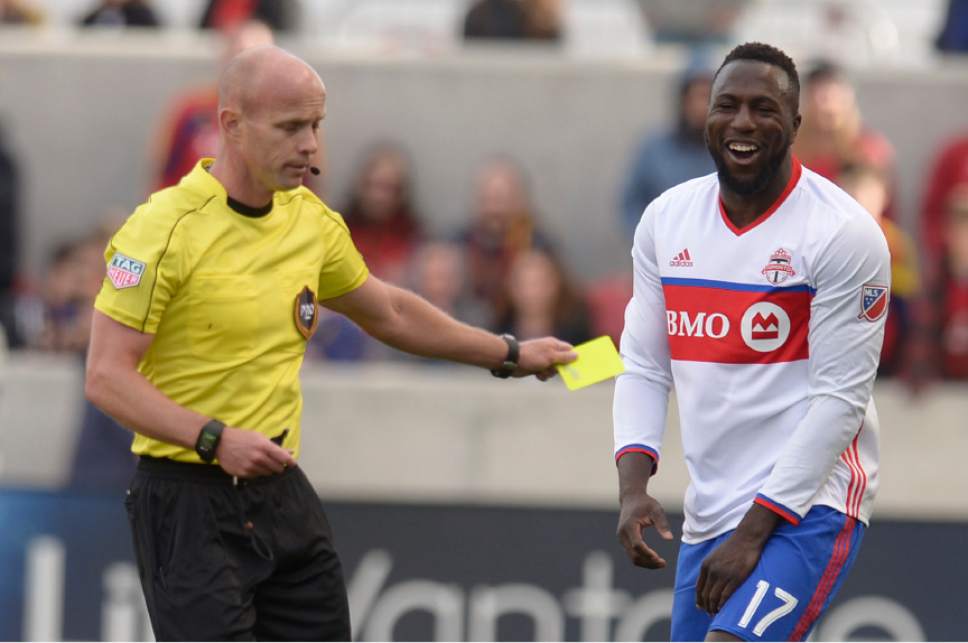 Leah Hogsten  |  The Salt Lake Tribune
Toronto FC forward Jozy Altidore (17) reacts to receiving a yellow card in the second half. Real Salt Lake tied the 2017 season home opener with Toronto FC, 0-0, Saturday, March 4, 2017 at Rio Tinto Stadium.