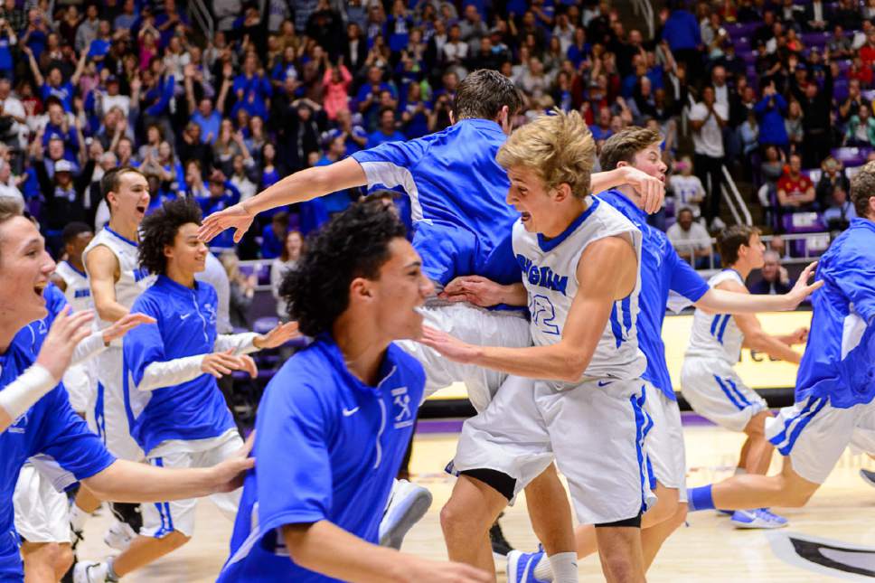 Trent Nelson  |  The Salt Lake Tribune
Bingham players celebrate their win over Lone Peak in the 5A state high school basketball championship game, Saturday March 4, 2017.