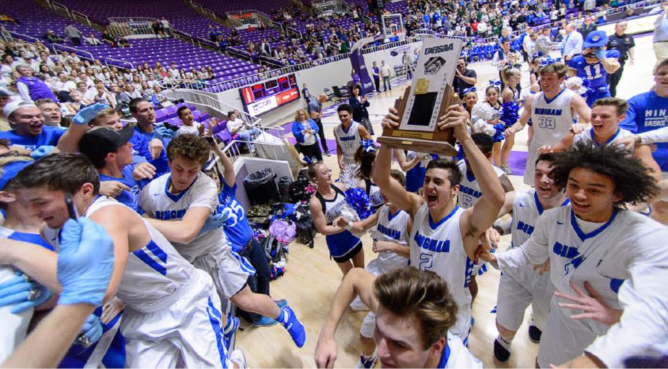 Trent Nelson  |  The Salt Lake Tribune
Bingham players and fans celebrate their win over Lone Peak in the 5A state high school basketball championship game, Saturday March 4, 2017.