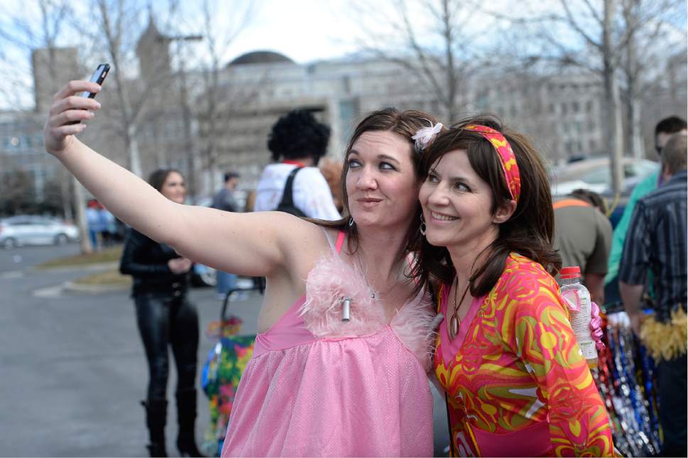 Scott Sommerdorf | The Salt Lake Tribune
Brooke Harris, left and "Jo La L" take a selfie prior to the  10th Annual Urban Chariot Pub Crawl, formerly known as Urban Iditarod, Saturday, March 4, 2017.