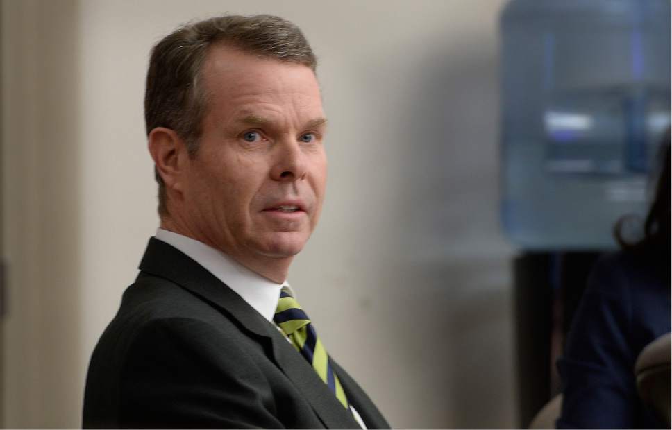 Former Utah Attorney General John Swallow watches during his trial Wednesday, March 1, 2017. The jury has begun deliberations in a bribery trial for a former Utah attorney general. The jurors heard distinctly different characterizations of John Swallow's interactions with campaign donors and business people during closing arguments Wednesday. (Scott Sommerdorf/The Salt Lake Tribune, via AP, Pool)