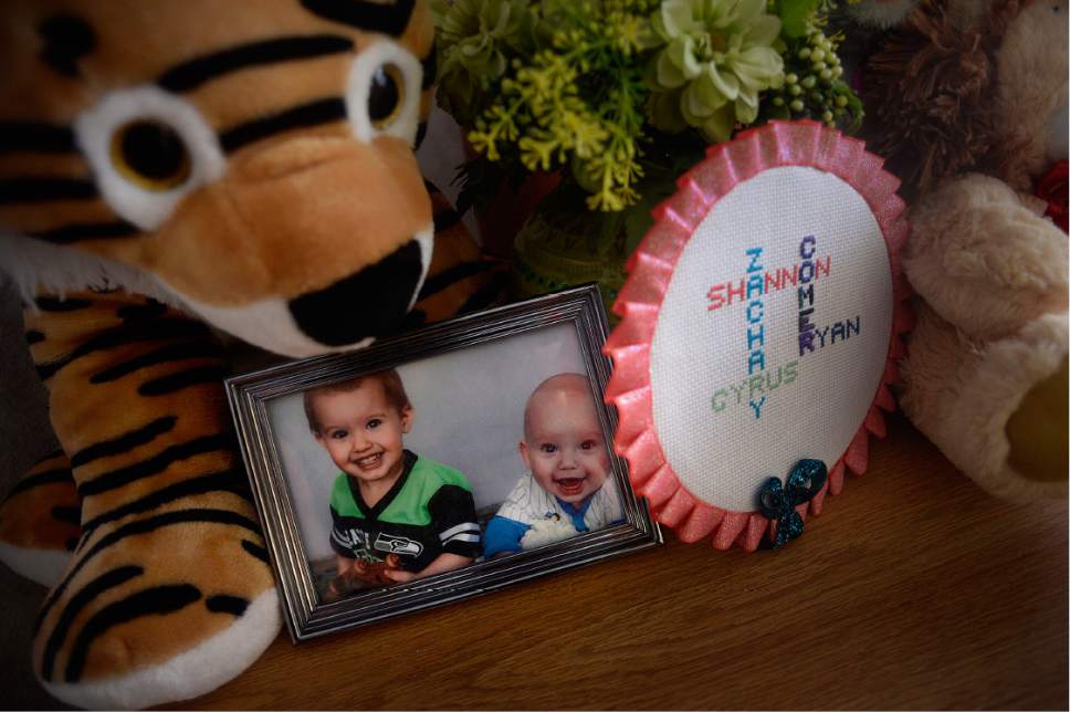 Scott Sommerdorf   |  The Salt Lake Tribune  
A photo of Ryan and Shannon Comer's children is displayed next to some stuffed animals in Shannon Comer's room at the South Ogden Post Acute care center, Saturday, January 28, 2017.