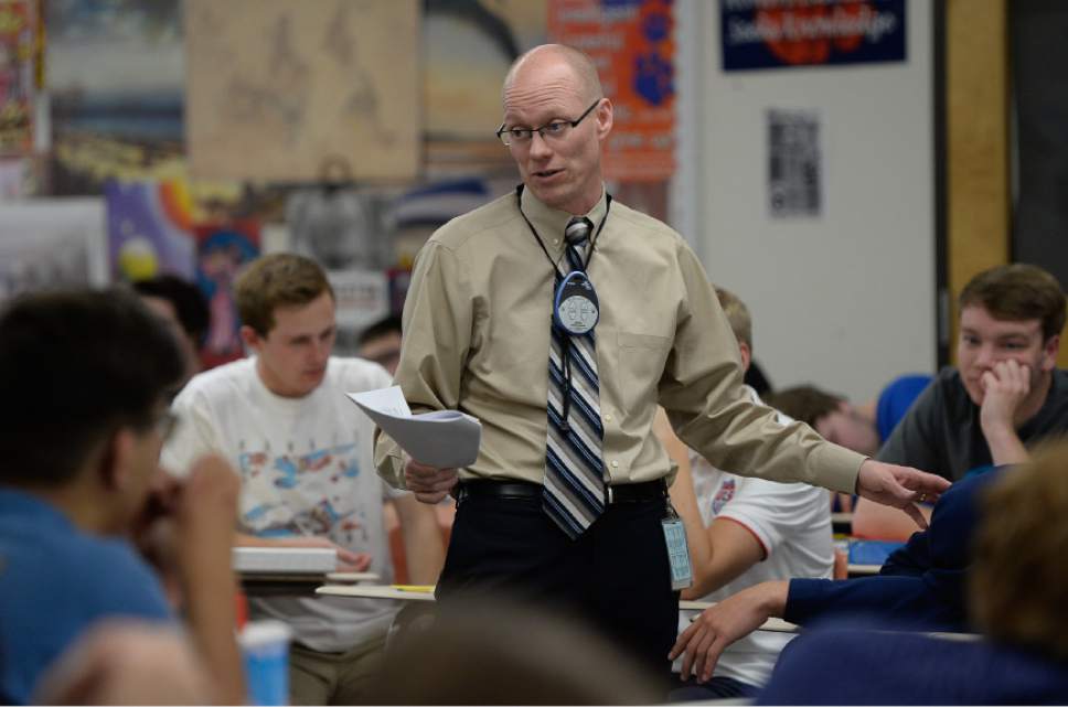 Francisco Kjolseth | The Salt Lake Tribune 
Brighton High School teacher Aaron Hadfield describes a foreign policy simulation assignment to his American Problems class. Hadfield was one of the 2016 winners of the Huntsman Awards for Excellence in Education.