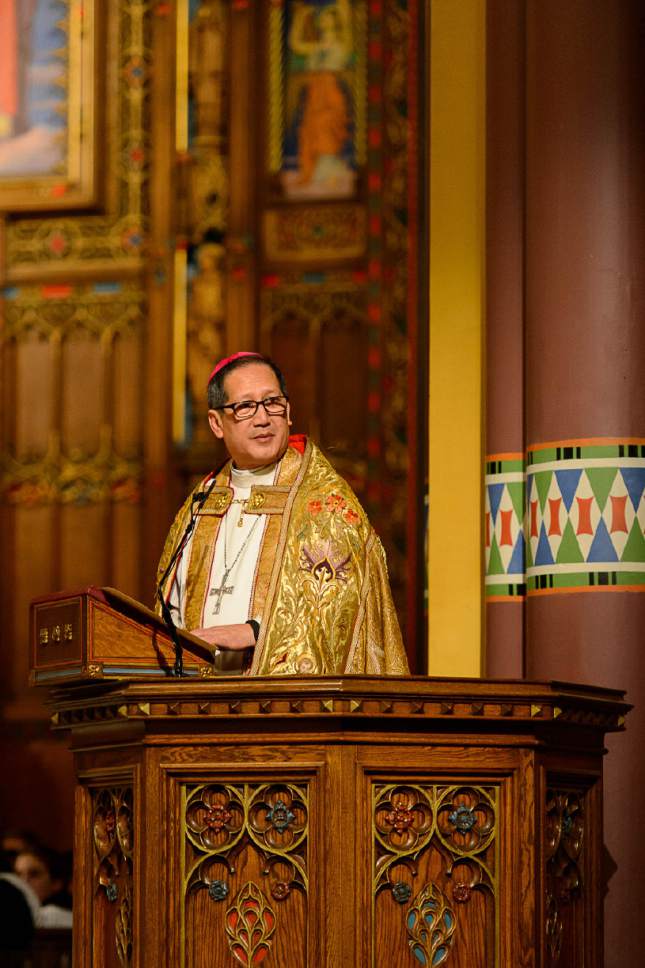 Trent Nelson  |  The Salt Lake Tribune
Bishop Oscar Solis speaks during the Vespers and Rite of Reception of the Bishop in his Cathedral Church at the Cathedral of the Madeleine in Salt Lake City, Monday March 6, 2017.