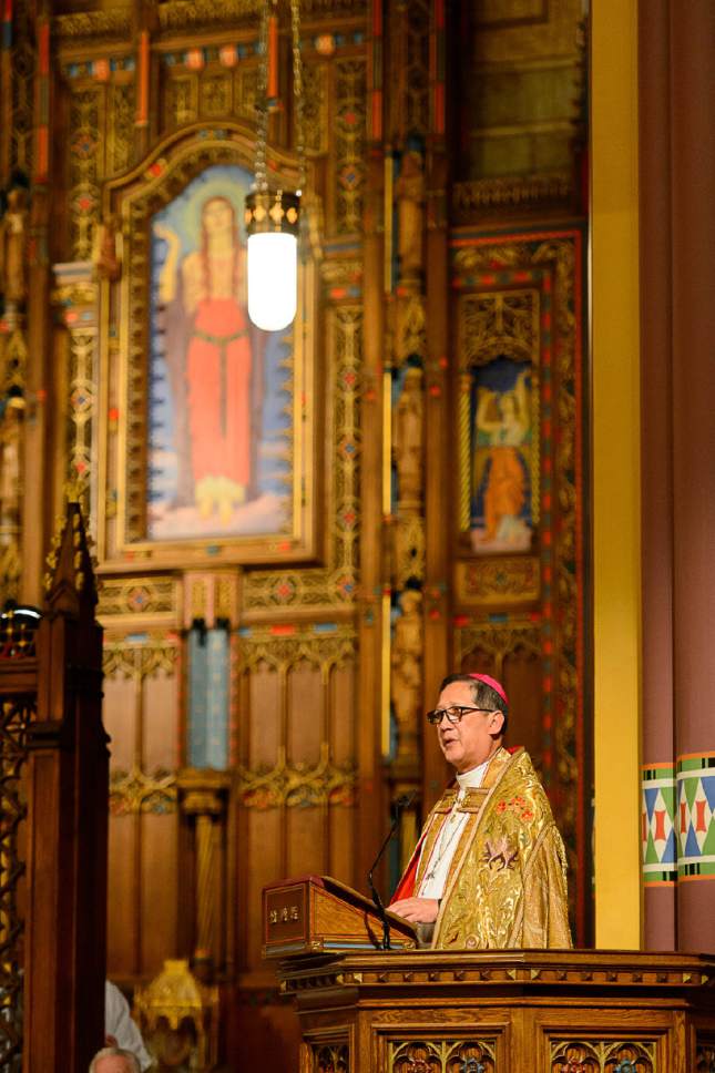 Trent Nelson  |  The Salt Lake Tribune
Bishop Oscar Solis speaks during the Vespers and Rite of Reception of the Bishop in his Cathedral Church at the Cathedral of the Madeleine in Salt Lake City, Monday March 6, 2017.
