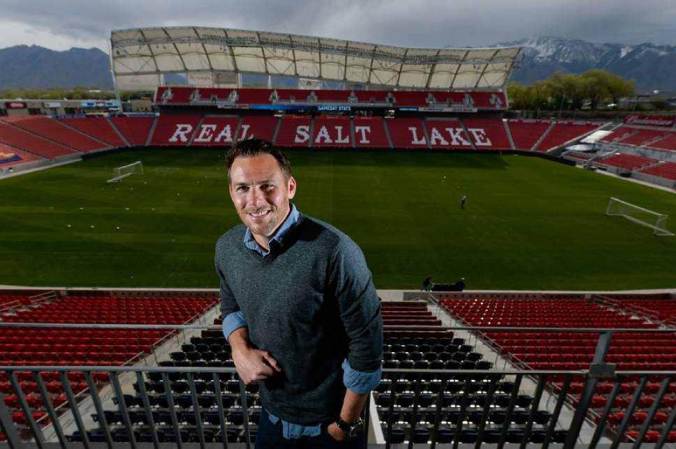 Francisco Kjolseth  |  The Salt Lake Tribune 
Real Salt Lake announcer Brian Dunseth has transformed himself into a star in the broadcast booth since retiring from MLS in 2006. April 16, 2015 is the 10-year anniversary of Dunseth scoring the first goal of RSL's history at Rice-Eccles Stadium.