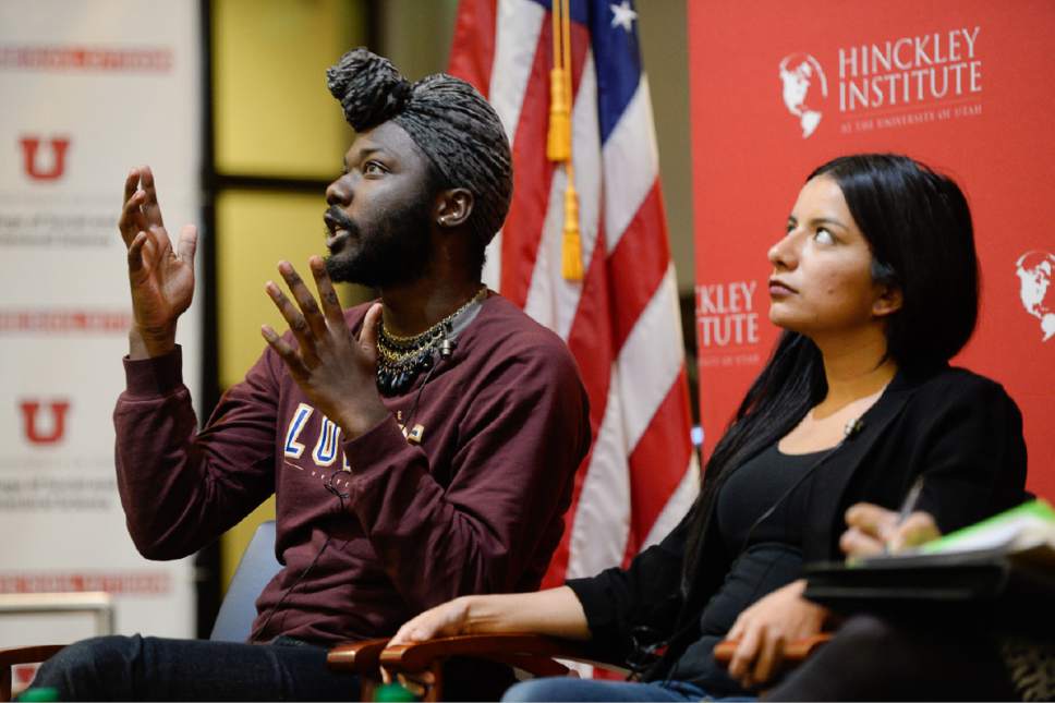 Francisco Kjolseth | The Salt Lake Tribune
Romeo Jackson, a graduate student in the University of Utah's Department of Educational Leadership and Policy, and Stephany Murguia, outreach and access coordinator at the Rape Recovery Center, speak at a Monday panel at the Hinckley Institute of Politics. Panel members discussed the normalization of rape and how to combat it. The panel also included Rachel Alicia Griffin, assistant professor in the Department of Communication at the U; and Julie Valentine, assistant professor in the College of Nursing at Brigham Young University.