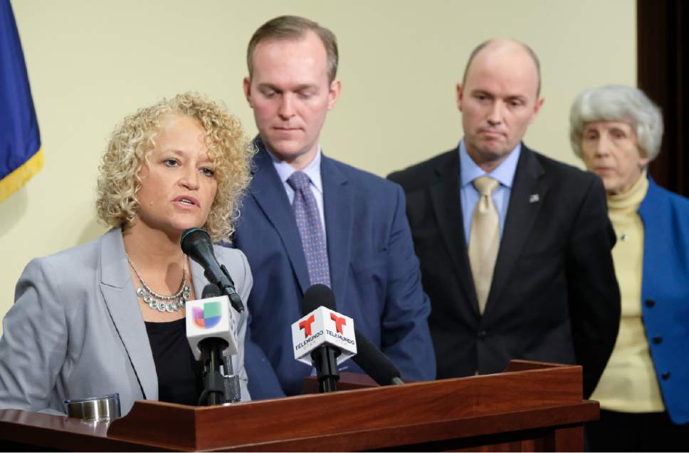 Francisco Kjolseth | The Salt Lake Tribune
Salt Lake City Mayor Jackie Biskupski is joined by other Utah leaders in announcing that the city is dropping two of four planned homeless resource centers during a press announcement at the Utah Capitol on Friday, February 24, 2017. To her right are Salt Lake County Mayor Ben McAdams, Lt. Gov. Spencer Cox and homeless advocate Pamela Atkinson.
