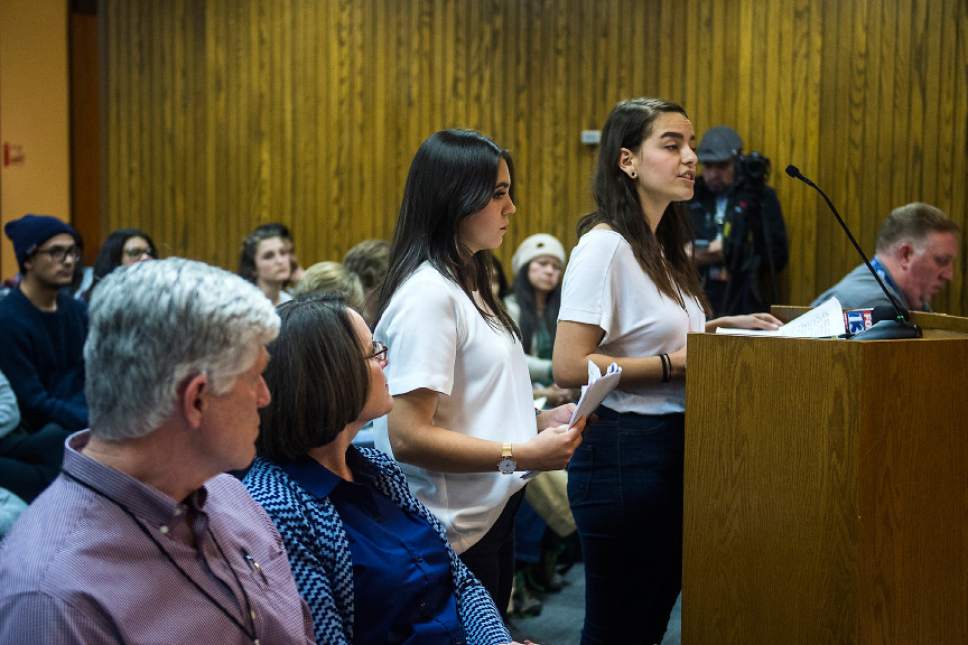 Chris Detrick  |  The Salt Lake Tribune
Crystal Hern·ndez, right, and Amy Dominguez speak during a meeting at Salt Lake City School District Tuesday March 7, 2017.
