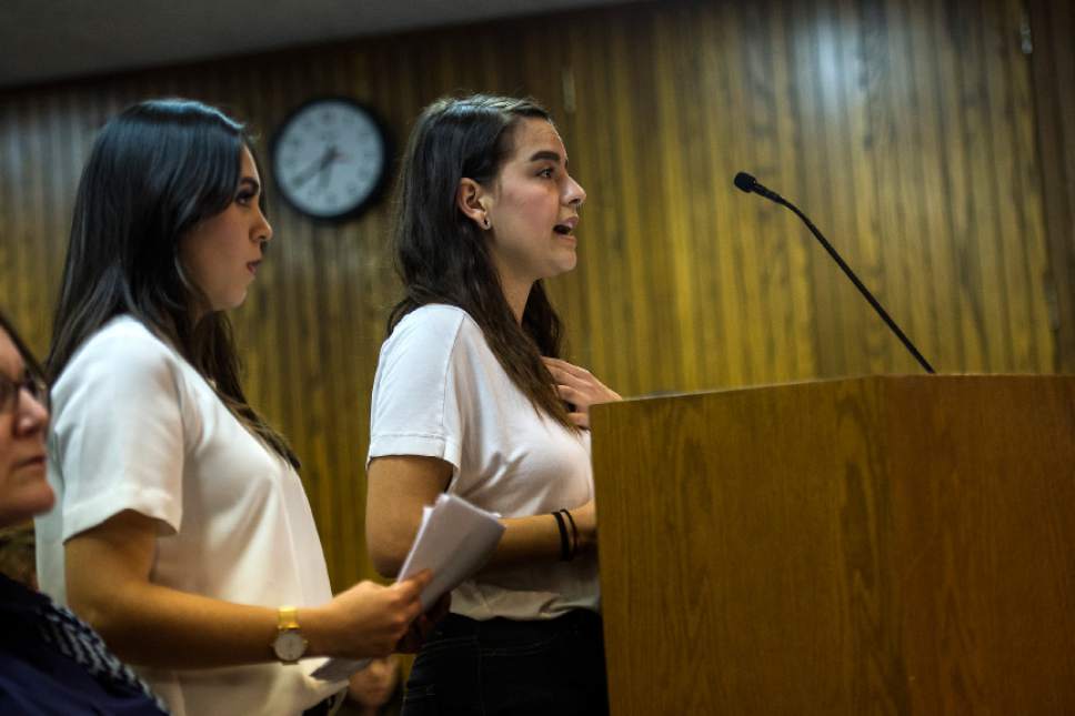 Chris Detrick  |  The Salt Lake Tribune
Crystal Hernández, right, and Amy Dominguez speak during a meeting at Salt Lake City School District Tuesday March 7, 2017.