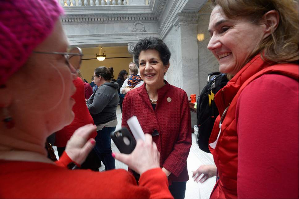 Scott Sommerdorf | The Salt Lake Tribune
Rep. Patrice Arent, D-Salt Lake, meets with her constituents during Utah Women Unite during "A Day Without Women" at the Utah State Capitol, Wednesday, March 8, 2017.
