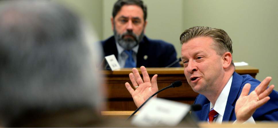Steve Griffin  |  The Salt Lake Tribune


Sen. Todd Weiler, R-Woods Cross, right, as explains SB0185S during the House Judiciary Standing Committee meeting at the State Captiol in Salt Lake City Friday March 3, 2017. SB0185S deals with cause of action for minors injured by pornography.