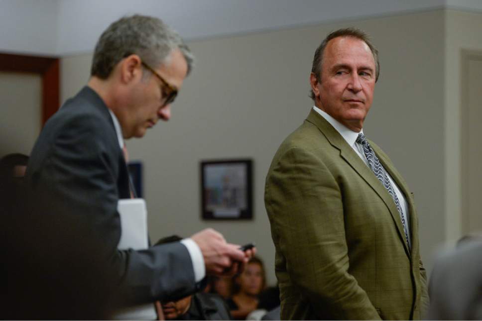 Francisco Kjolseth | Tribune file photo
Assistant U.S. Attorney from Denver, Timothy Jafek, left, addresses the judge as former Utah Attorney General Mark Shurtleff, right, facing public corruption charges, appears in Judge Elizabeth Hruby-Mills courtroom in Salt Lake City on Monday, Sept. 28, 2015, for a pre-trial hearing.