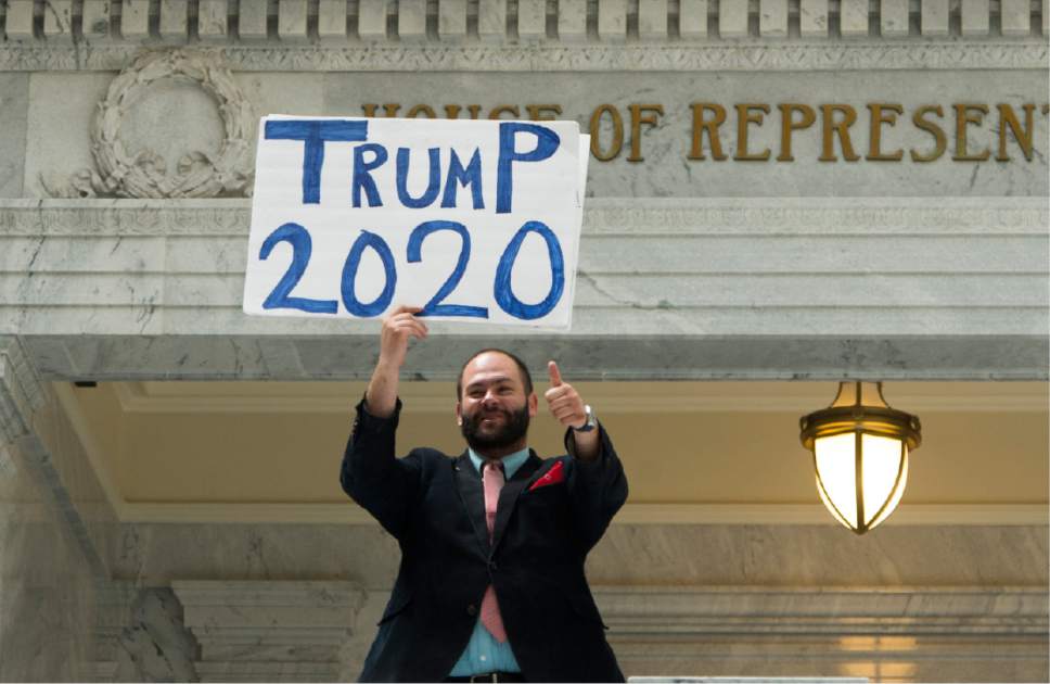 Rick Egan  |  The Salt Lake Tribune

A Trump supporter gets one cheer and a lot of jeers from students as they tour the Capitol Rotunda, Tuesday, March 7, 2017.