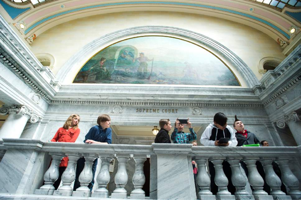 Rick Egan  |  The Salt Lake Tribune

Students from Neola Elementary School in Neola, Utah, stop for some photos while they tour the Capitol Rotunda, Tuesday, March 7, 2017.