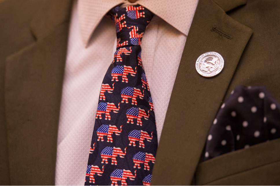 Leah Hogsten  |  The Salt Lake Tribune
Utah House Rep. Norm Thurston, R-Provo, sports a new tie every day of the legislative session. Legislative day 43's tie is covered in a patriotic version of the Republican elephant. Thurston estimates that he has close to 70 ties.