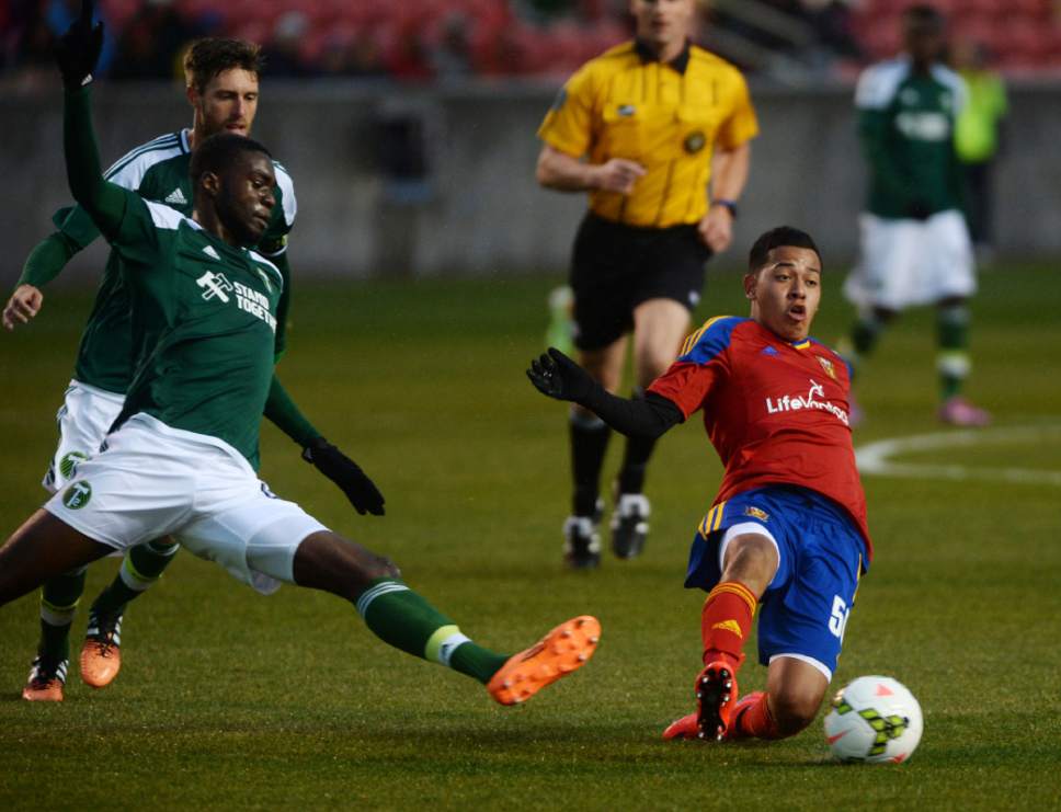 Steve Griffin  |  The Salt Lake Tribune

Sebastian Saucedo of the Real Monarchs slides and intercepts a pass during their game against the Portland Timbers 2 at Rio Tinto Stadium in Sandy, Wednesday, April 8, 2015.