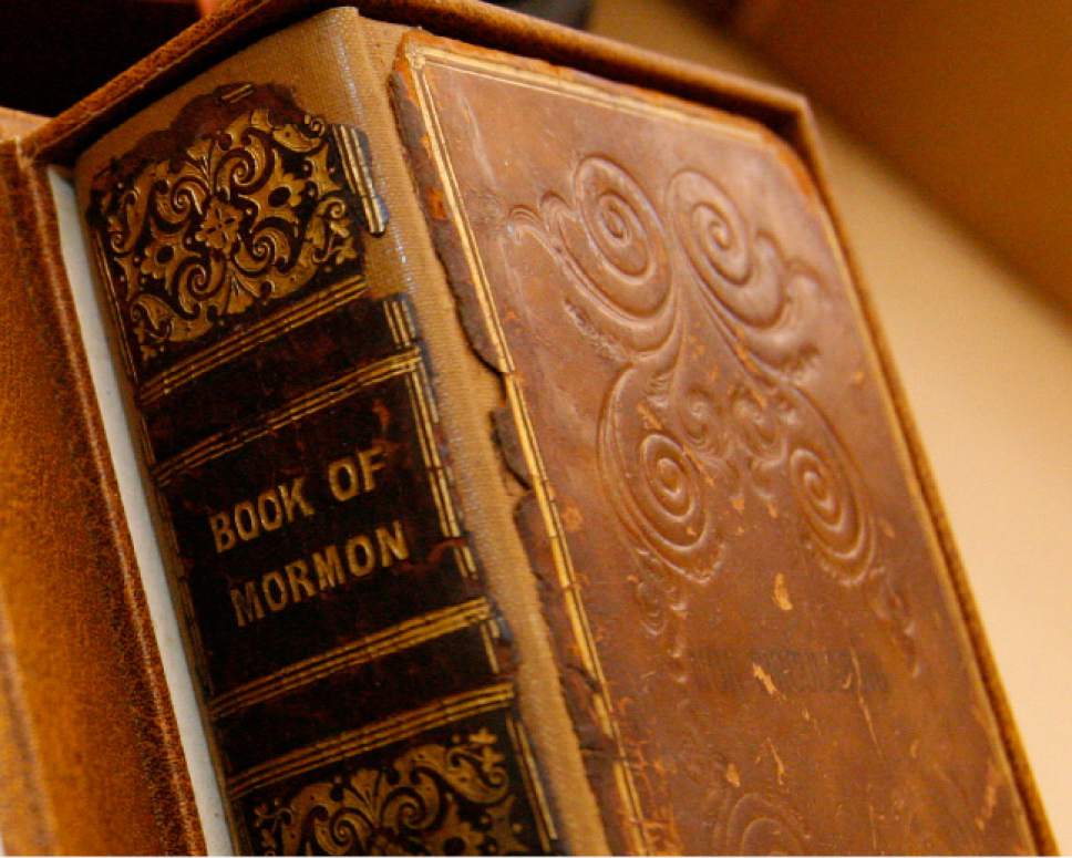 Leah Hogsten  |  The Salt Lake Tribune
Closeup of the 1841 Book of Mormon printed in Liverpool, England.