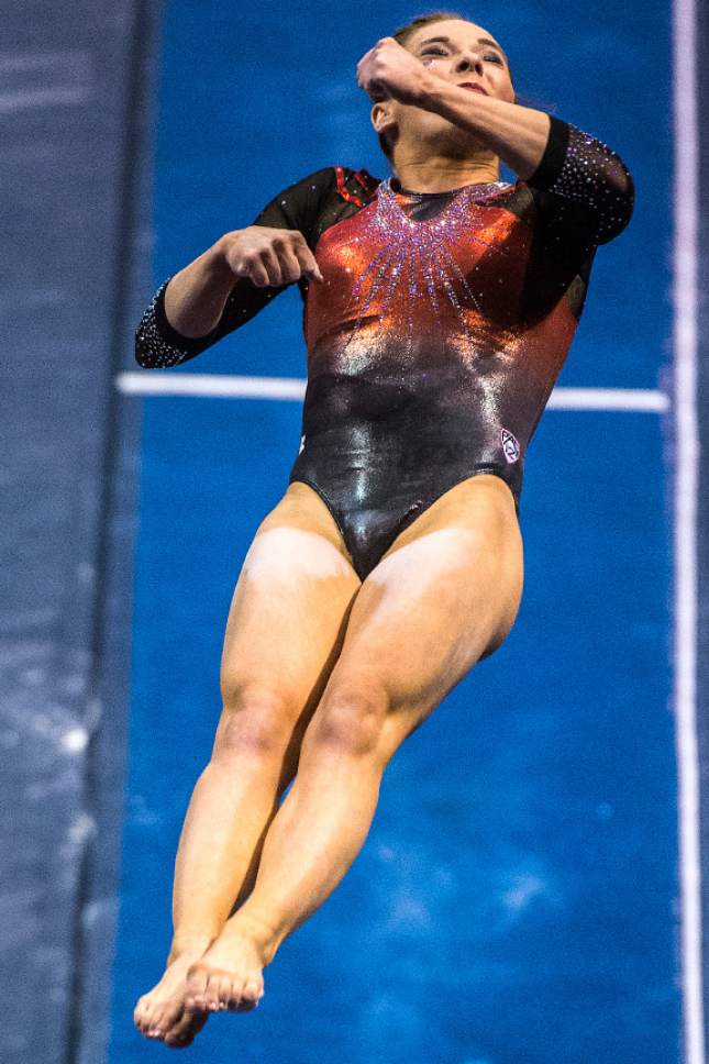 Chris Detrick  |  The Salt Lake Tribune
Utah's Mykayla Skinner competes on the vault during the gymnastics meet against Brigham Young University at the Marriott Center Friday January 13, 2017.