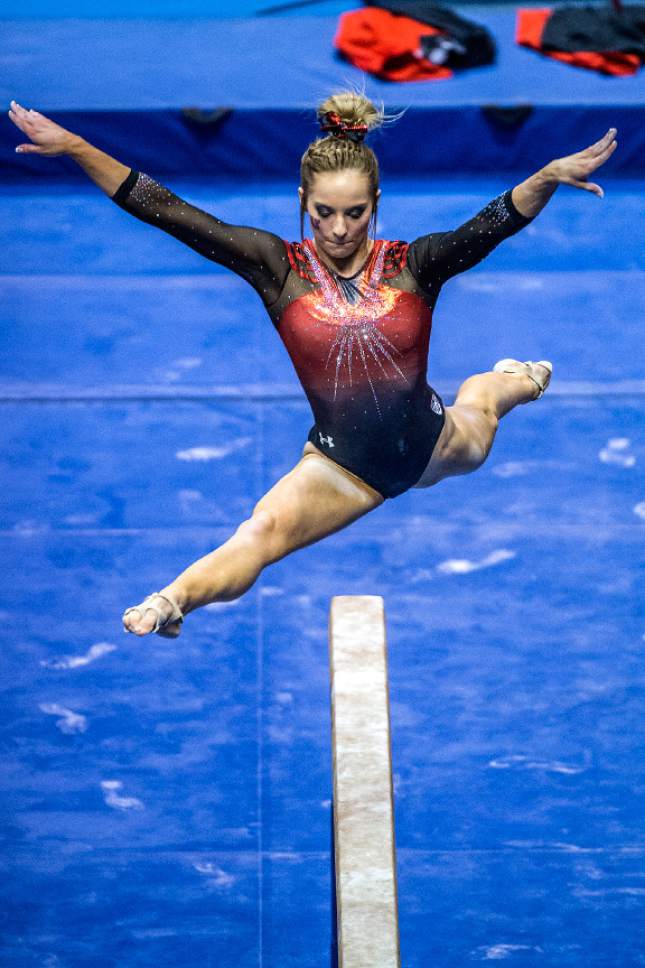 Chris Detrick  |  The Salt Lake Tribune
Utah's Mykayla Skinner competes on the beam during the gymnastics meet against Brigham Young University at the Marriott Center Friday January 13, 2017.