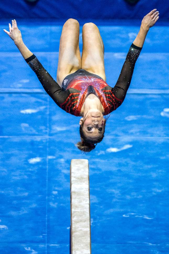 Chris Detrick  |  The Salt Lake Tribune
Utah's Mykayla Skinner competes on the beam during the gymnastics meet against Brigham Young University at the Marriott Center Friday January 13, 2017.