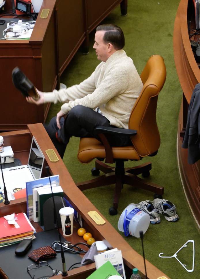 Francisco Kjolseth | The Salt Lake Tribune
Rep. Mike Winder, R-West Valley, plays out a Mr. Rogers skit following the closing of the Legislative session.