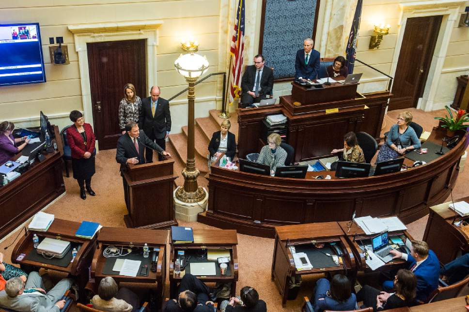Chris Detrick  |  The Salt Lake Tribune
Utah Governor Gary Herbert speaks after Senate Floor Time at the Utah State Capitol Friday March 10, 2017.