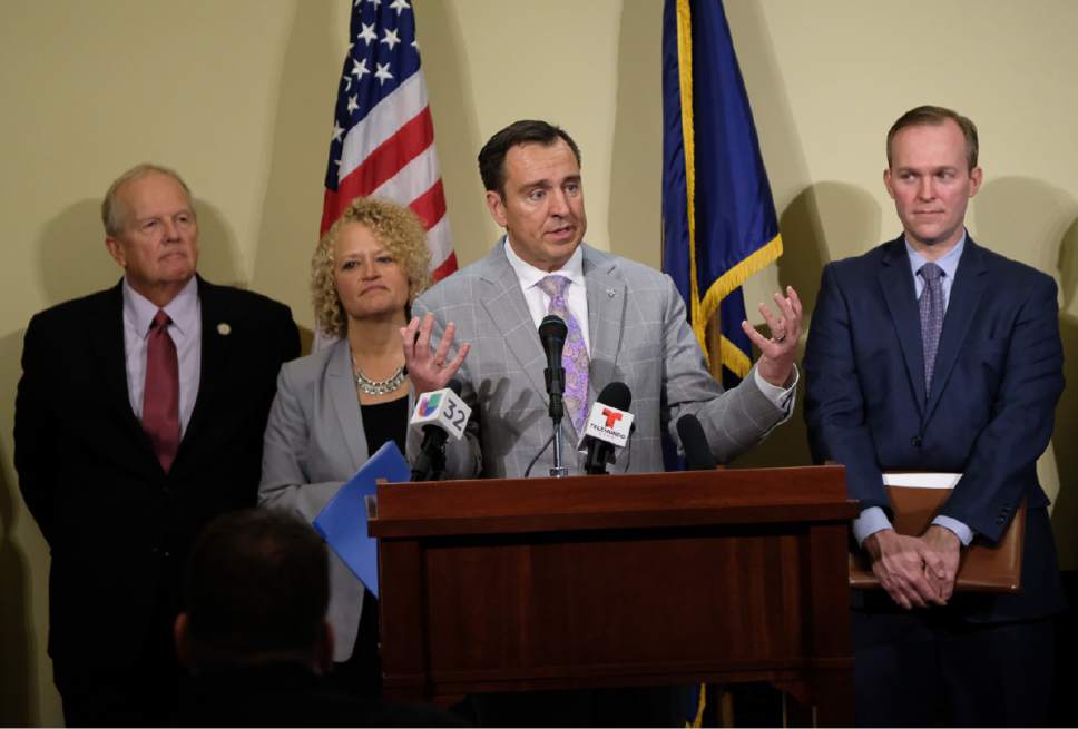 Francisco Kjolseth | The Salt Lake Tribune
Speaker of the House of Representatives Greg Hughes, R-Draper, is joined by other Utah leaders in announcing that the city is dropping two of four planned homeless resource centers during a press announcement at the Utah Capitol on Friday, February 24, 2017. Also pictured are Rep. Mike Noel, R-Kanab, Salt Lake City Mayor Jackie Biskupski and Salt Lake County Mayor Ben McAdams, from left.