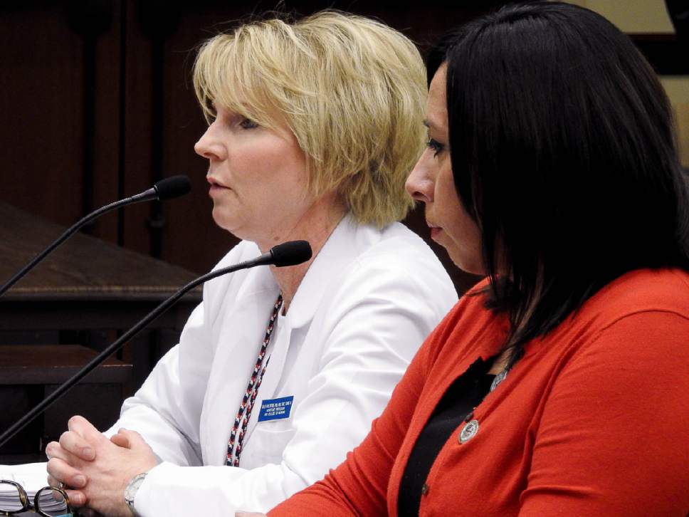 Trent Nelson  |  The Salt Lake Tribune
Julie Valentine and Rep. Angela Romero, D-Salt Lake City, speak as the House Law Enforcement and Criminal Justice Standing Committee holds a hearing on HB0200, legislation requiring testing of all rape kits, in Salt Lake City, Friday February 3, 2017.