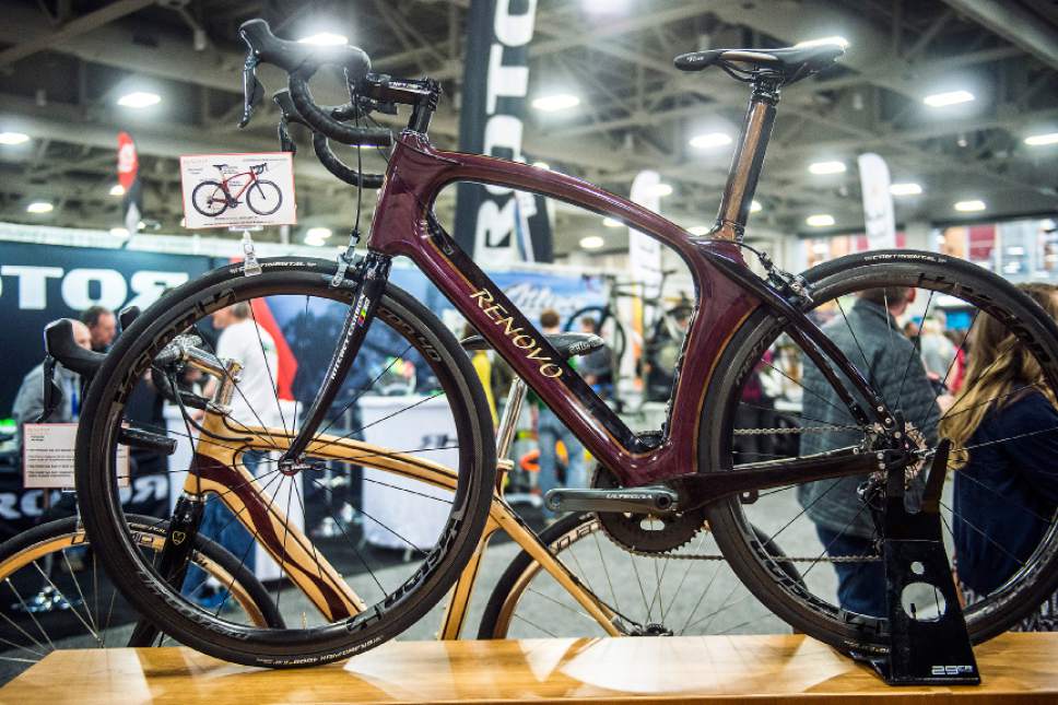 Chris Detrick  |  The Salt Lake Tribune
Renovo Firewood hardwood bicycle with a frame made from birch and Peruvian walnut at the North American Handmade Bicycle Show at the Salt Palace Convention Center on Saturday, March 11, 2017. The show highlights the talents of individuals around the world whose art form is the bicycle, and is a meeting space for frame builders and consumers who are passionate about custom-made bikes.