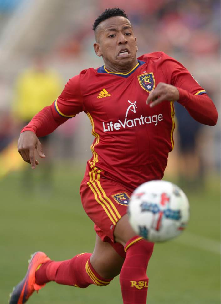 Leah Hogsten  |  The Salt Lake Tribune
Real Salt Lake forward Joao Plata (10) fights to win possession. Real Salt Lake tied the 2017 season home opener with Toronto FC, 0-0, Saturday, March 4, 2017 at Rio Tinto Stadium.