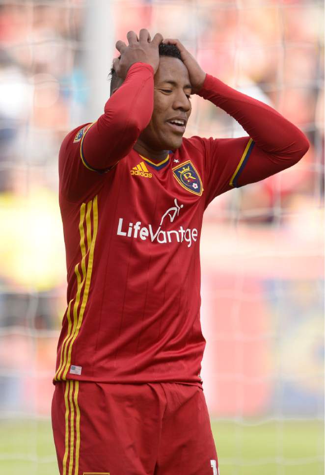 Leah Hogsten  |  The Salt Lake Tribune
Real Salt Lake forward Joao Plata (10) reacts as his chance for a chip at goal goes over the net in the second half. Real Salt Lake tied the 2017 season home opener with Toronto FC, 0-0, Saturday, March 4, 2017 at Rio Tinto Stadium.