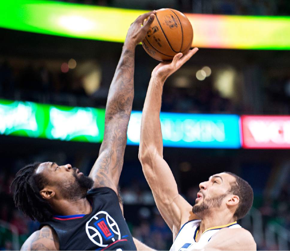 Lennie Mahler  |  The Salt Lake Tribune

Clippers center DeAndre Jordan blocks Jazz center Rudy Gobert in the first half of a game between the Utah Jazz and the LA Clippers at Vivint Smart Home Arena, Monday, Feb. 13, 2017.