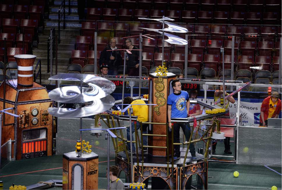 Scott Sommerdorf | The Salt Lake Tribune
The arena where the robots will be challenged to do a number of tasks including picking up balls released into the arena, and lifting gears to their operators. The Navajo Mountain High School robotics team competes at the "Utah FIRST Robotics Competition," Thursday, March 9, 2017.